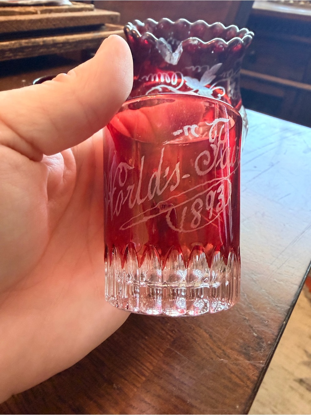 Vintage 1893 World Fair Ruby Red and Clear Etched Glass Votive / Candy Dish - Picture 4 of 6
